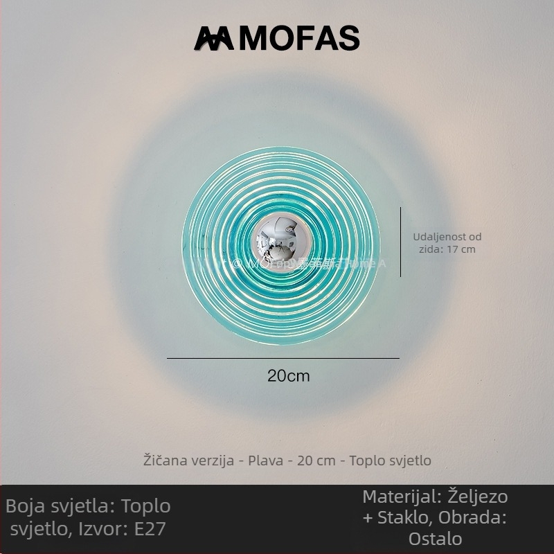 Stenska svjetiljka od stakla s motivom vodnih valova, Bauhaus vintage dizajn, pogodna za hodnik, ulaz ili noćno svjetlo uz krevet.