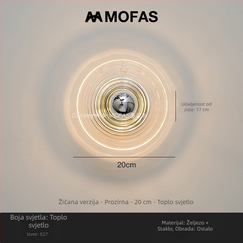 Stenska svjetiljka od stakla s motivom vodnih valova, Bauhaus vintage dizajn, pogodna za hodnik, ulaz ili noćno svjetlo uz krevet.