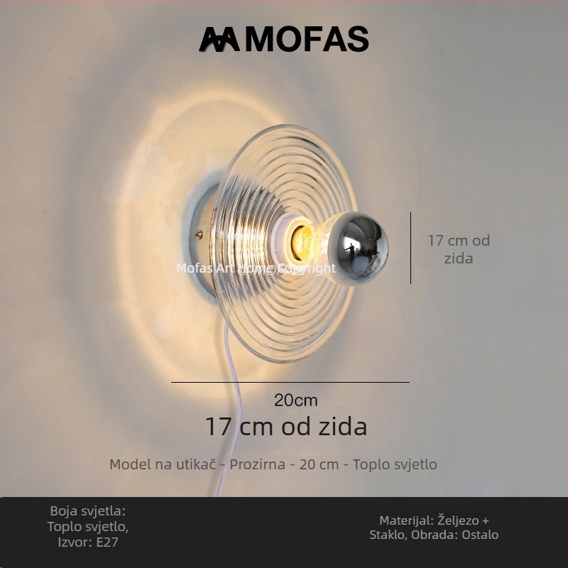 Stenska svjetiljka od stakla s motivom vodnih valova, Bauhaus vintage dizajn, pogodna za hodnik, ulaz ili noćno svjetlo uz krevet.
