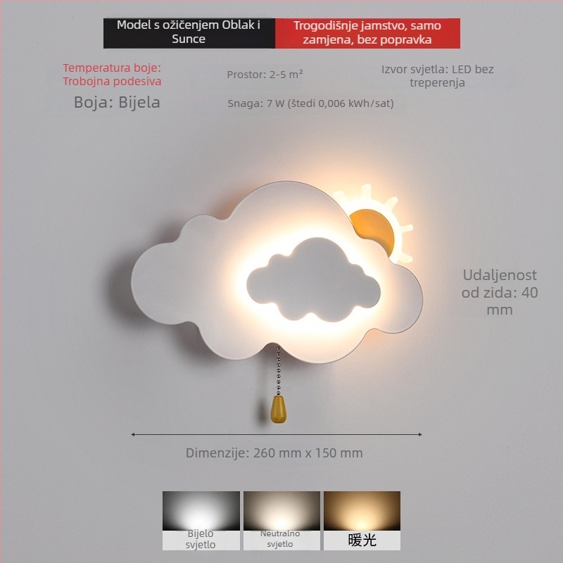Stenska lampa oblaka s bežičnim napajanjem, minimalistički dekor za dječju sobu.
