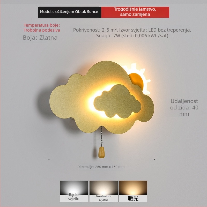 Stenska lampa oblaka s bežičnim napajanjem, minimalistički dekor za dječju sobu.