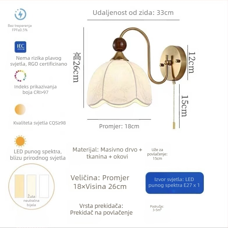 Francuska retro zidna svjetiljka u stilu sredine stoljeća wabi-sabi za spavaću sobu, dnevni boravak, hodnik i stubište