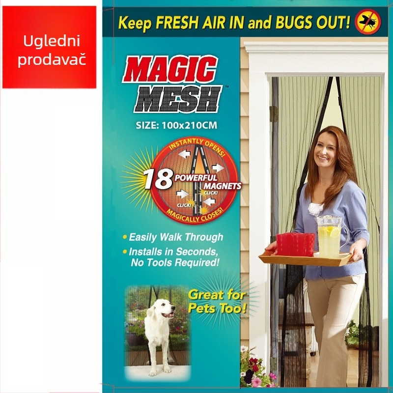 Prozračna poliester mrežasta zavjesa za vrata, protiv komaraca, magnetsko zatvaranje, otporna na ogrebotine mačaka, Velcro