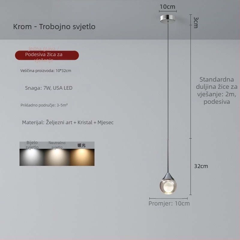Kristalni viseći luster, moderni minimalistički dizajn, s jednim glavom, pogodan za spavaću sobu, blagovaonu i dnevni boravak