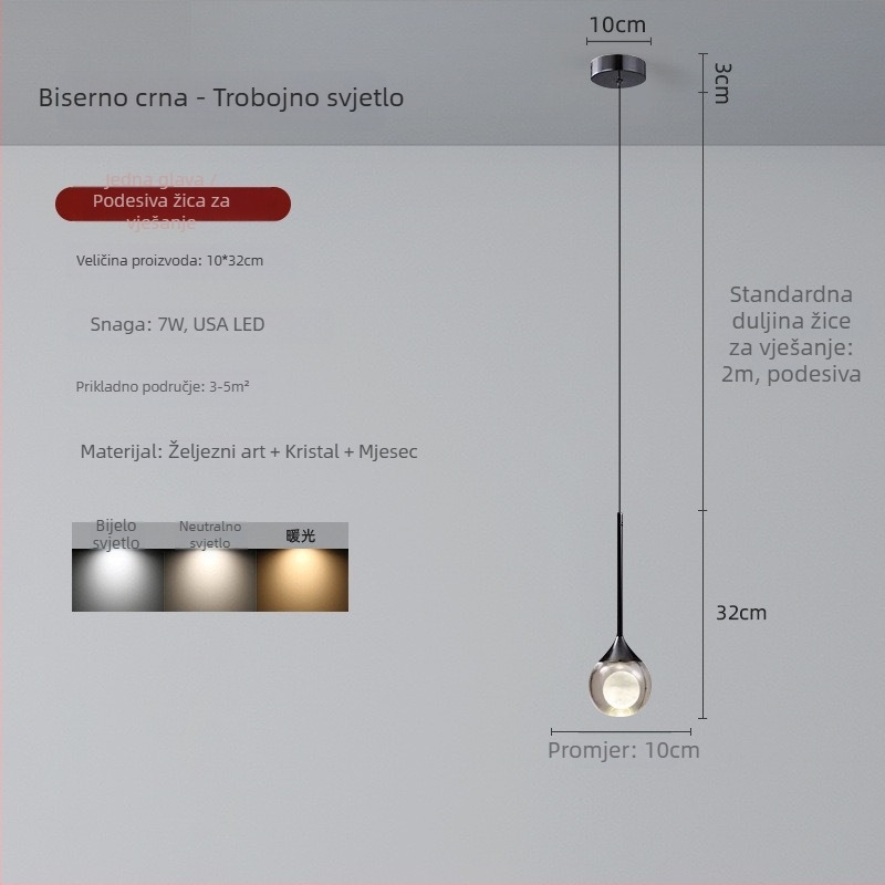 Kristalni viseći luster, moderni minimalistički dizajn, s jednim glavom, pogodan za spavaću sobu, blagovaonu i dnevni boravak