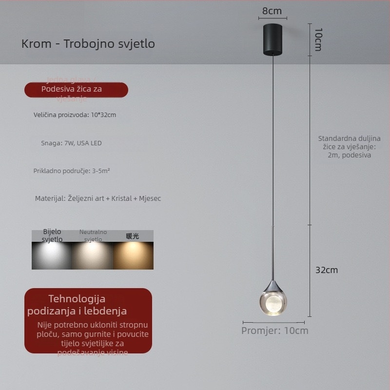 Kristalni viseći luster, moderni minimalistički dizajn, s jednim glavom, pogodan za spavaću sobu, blagovaonu i dnevni boravak