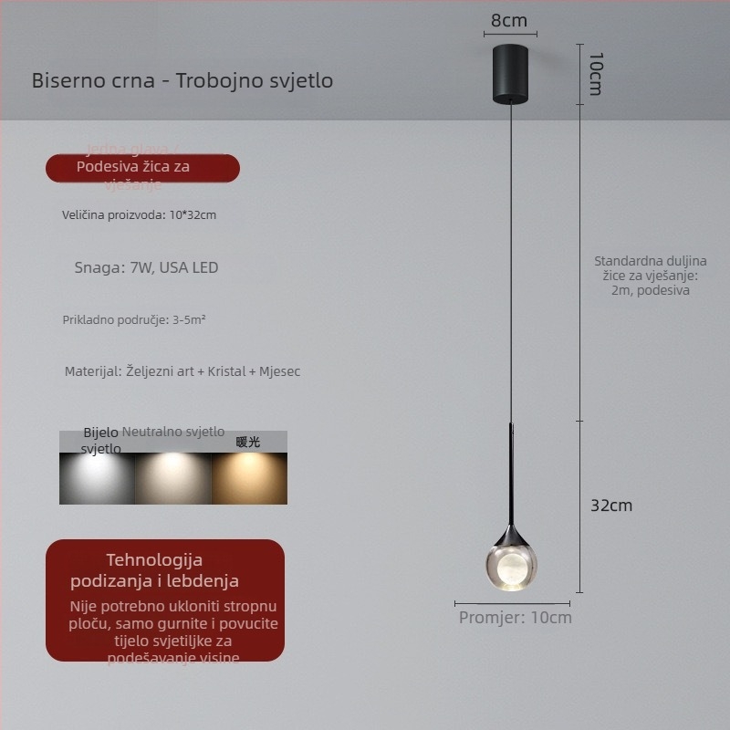 Kristalni viseći luster, moderni minimalistički dizajn, s jednim glavom, pogodan za spavaću sobu, blagovaonu i dnevni boravak