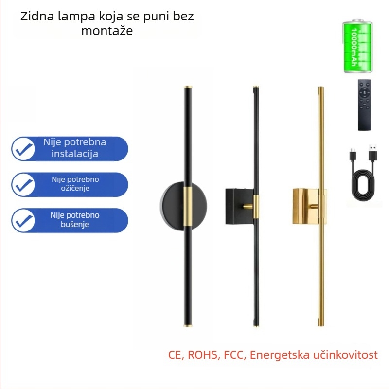 Minimalistička linearna zidna rasvjeta s mogućnošću punjenja, magnetsko pričvršćivanje, bežična, daljinsko upravljanje, dotik prekidač, svjetlo ispred ogledala