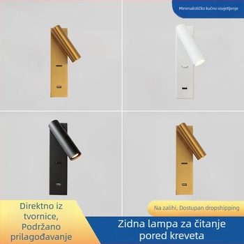 Stenska lampa za čitanje, površinski montirana, za hotelske sobe, USB punjenje, prekidač i rotirajući spot