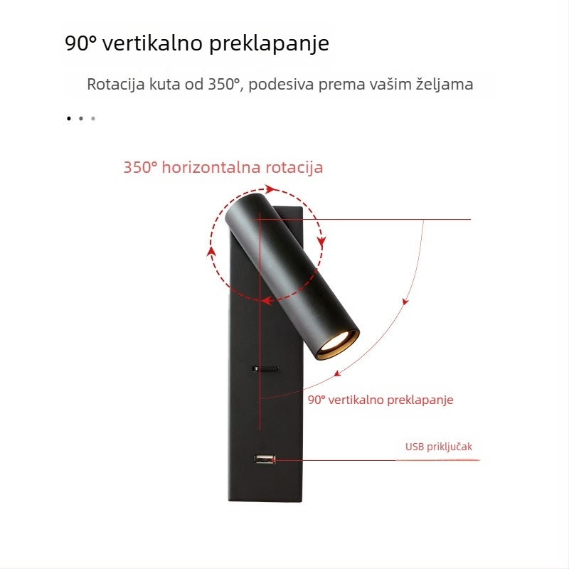 Stenska lampa za čitanje, površinski montirana, za hotelske sobe, USB punjenje, prekidač i rotirajući spot