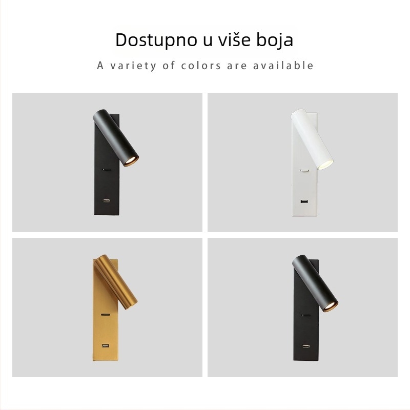 Stenska lampa za čitanje, površinski montirana, za hotelske sobe, USB punjenje, prekidač i rotirajući spot