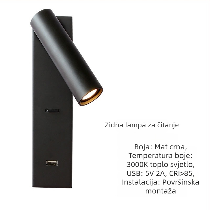 Stenska lampa za čitanje, površinski montirana, za hotelske sobe, USB punjenje, prekidač i rotirajući spot
