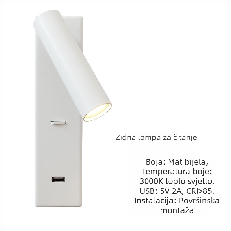 Stenska lampa za čitanje, površinski montirana, za hotelske sobe, USB punjenje, prekidač i rotirajući spot