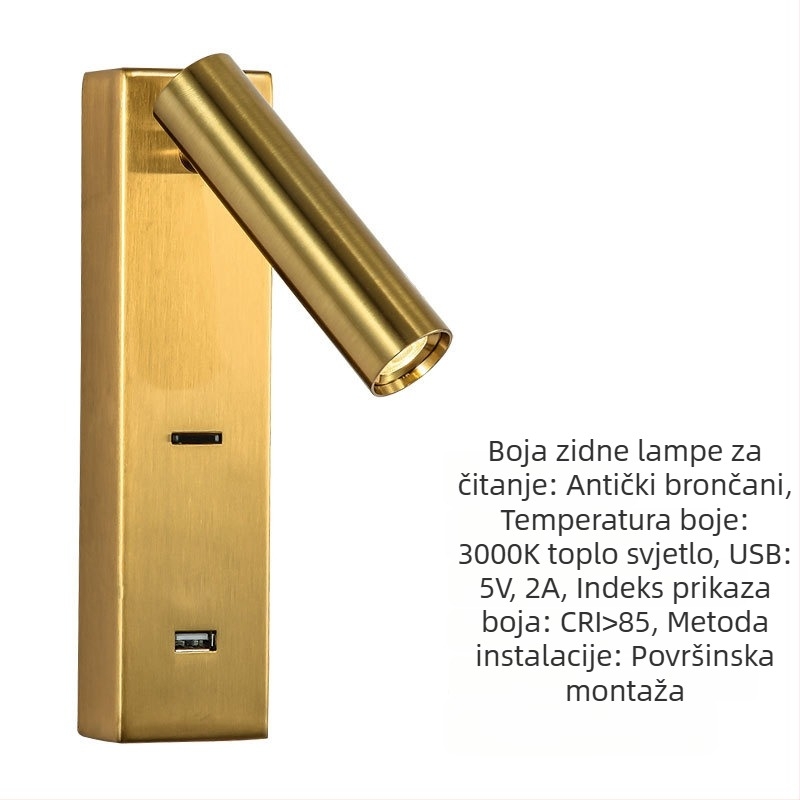 Stenska lampa za čitanje, površinski montirana, za hotelske sobe, USB punjenje, prekidač i rotirajući spot