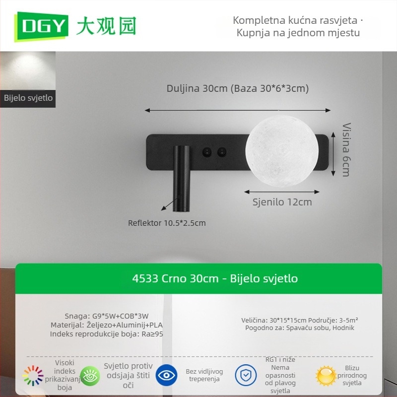 Grand View Garden Zidna lampa za čitanje uz krevet pored spavaće sobe - moderni minimalistički stil, mjesečeva tema za studijsku sobu, reflektor, 486L