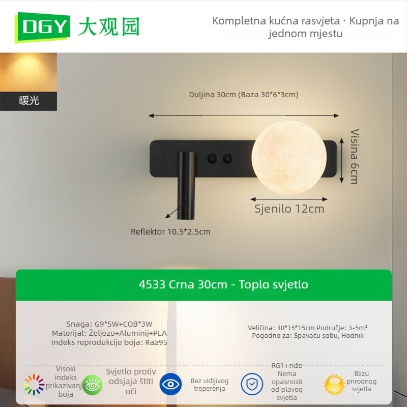 Grand View Garden Zidna lampa za čitanje uz krevet pored spavaće sobe - moderni minimalistički stil, mjesečeva tema za studijsku sobu, reflektor, 486L
