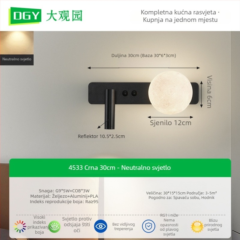 Grand View Garden Zidna lampa za čitanje uz krevet pored spavaće sobe - moderni minimalistički stil, mjesečeva tema za studijsku sobu, reflektor, 486L