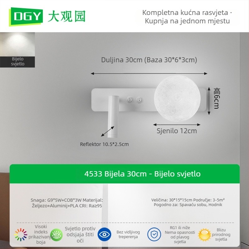 Grand View Garden Zidna lampa za čitanje uz krevet pored spavaće sobe - moderni minimalistički stil, mjesečeva tema za studijsku sobu, reflektor, 486L