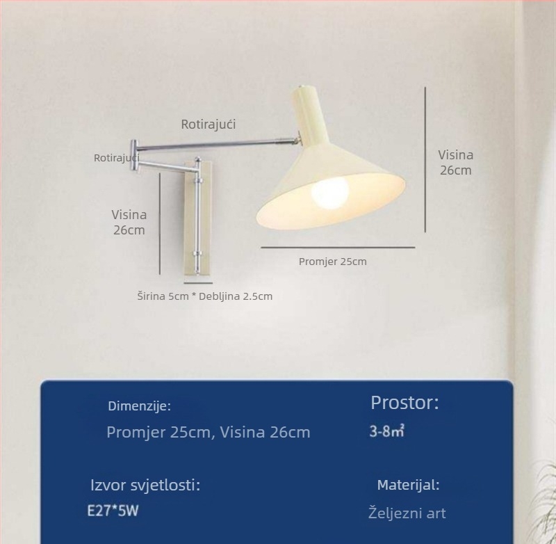 Skandinavska moderna Bauhaus zidna lampa za spavaću sobu, sklopni rameni