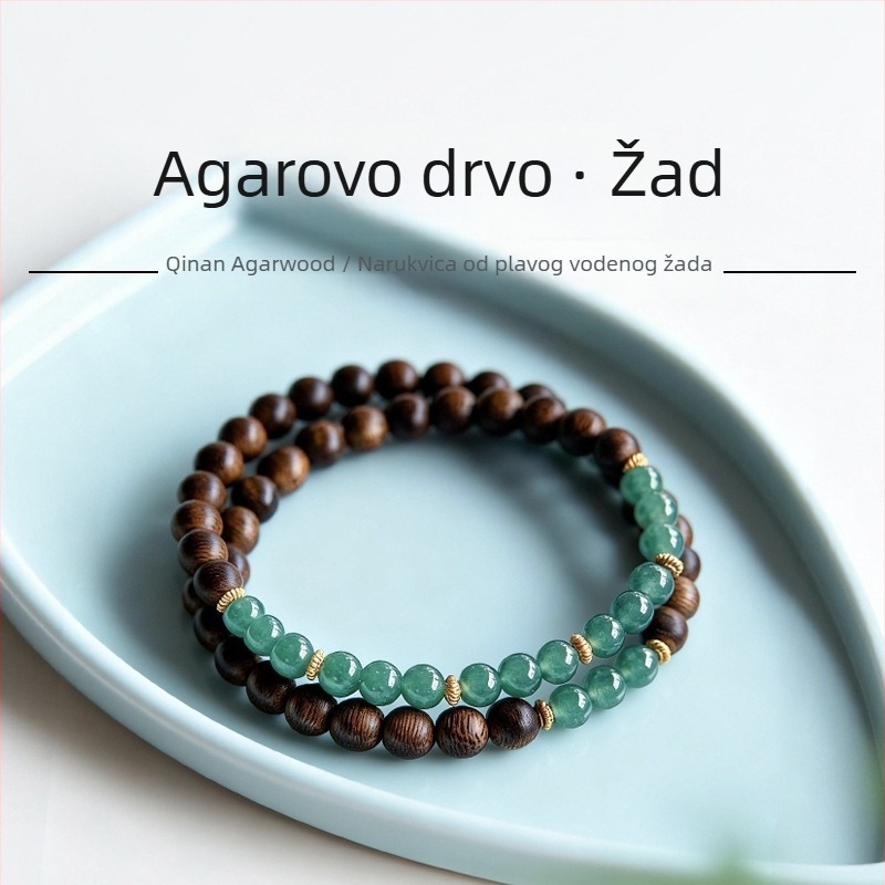 Fan Yu Prirodni agarwood, plavo-voden leden jade dvostruka kružna narukvica za žene, južni crveni jade nakit