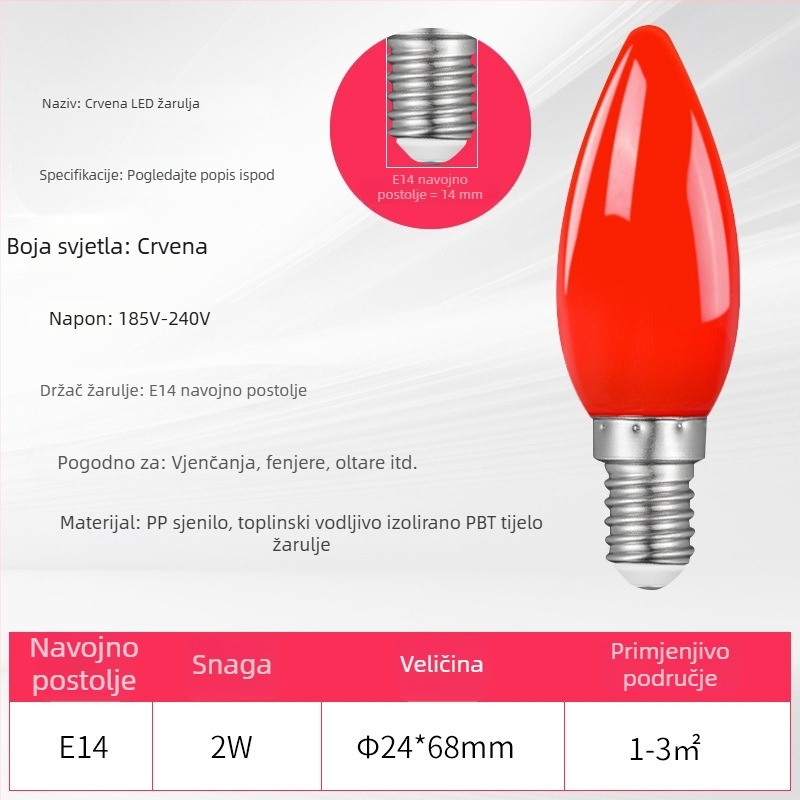 LED crvena svijećna žarulja s navojem E27 i E14, šiljasta žarulja, za Buddha ponude, kristalna žarulja