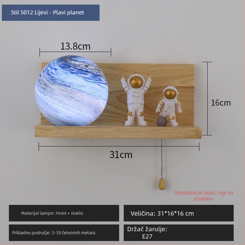 Dječja zidna svjetiljka s temom planeta, astronaut i Mjesec, drvena zidna svjetiljka za spavaću sobu, dnevnu sobu ili hodnik