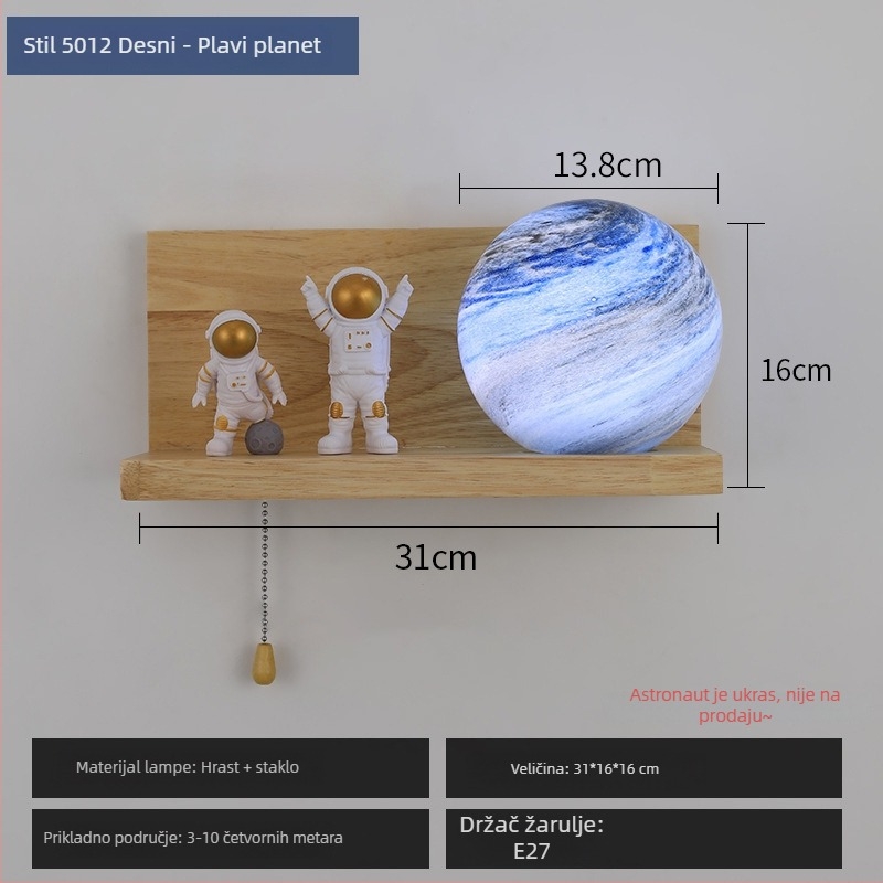 Dječja zidna svjetiljka s temom planeta, astronaut i Mjesec, drvena zidna svjetiljka za spavaću sobu, dnevnu sobu ili hodnik