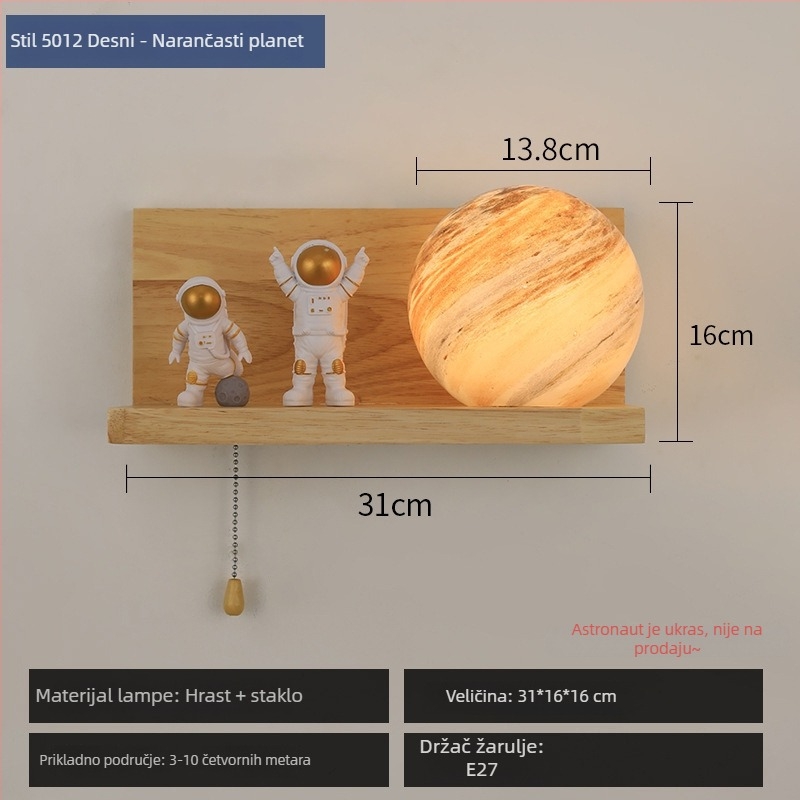 Dječja zidna svjetiljka s temom planeta, astronaut i Mjesec, drvena zidna svjetiljka za spavaću sobu, dnevnu sobu ili hodnik