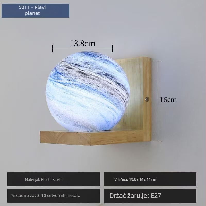 Dječja zidna svjetiljka s temom planeta, astronaut i Mjesec, drvena zidna svjetiljka za spavaću sobu, dnevnu sobu ili hodnik