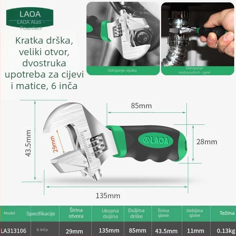 Višenamjenski podesivi ključ s kratkom ručkom za cijevi, velik otvor — mini kupaonski ključ