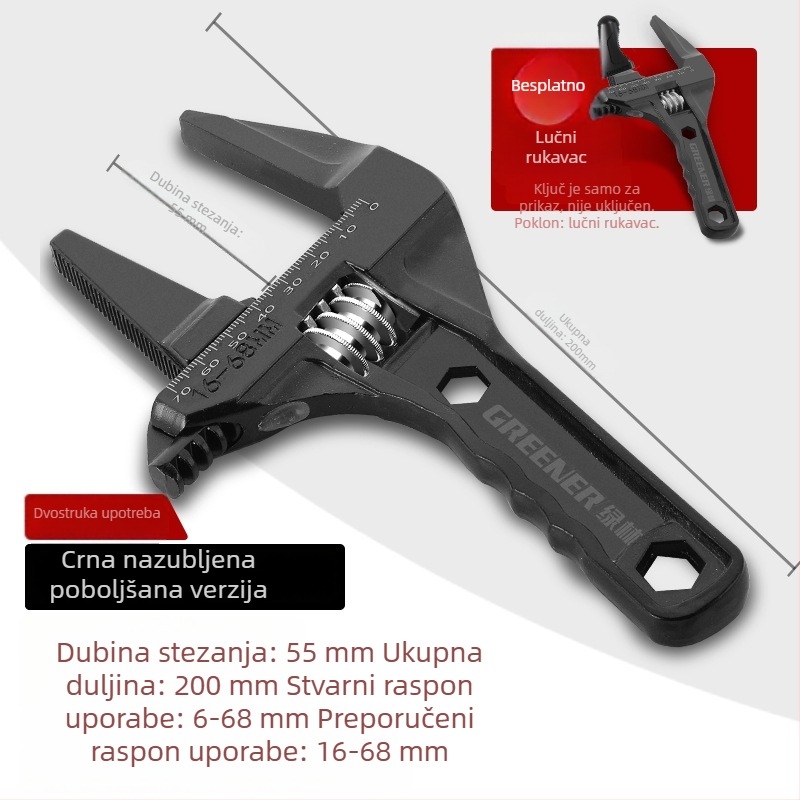 Podesivi kupaonski ključ s kratkom ručkom i širokim čeljustima, višenamjenski alat za montažu slavina u uskim prostorima