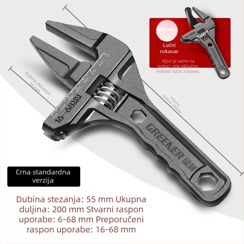 Podesivi kupaonski ključ s kratkom ručkom i širokim čeljustima, višenamjenski alat za montažu slavina u uskim prostorima