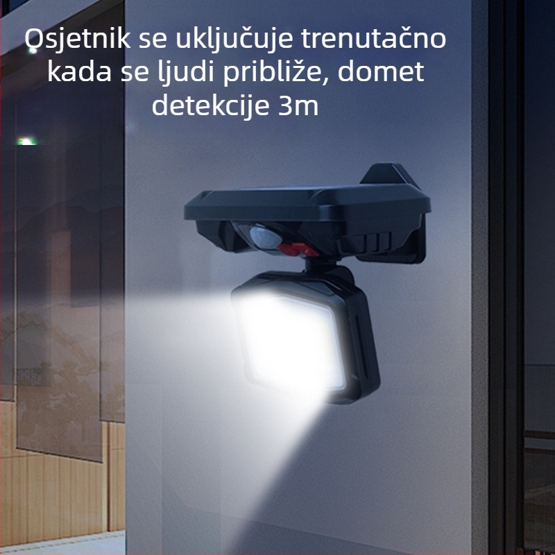 Solarna zidna svjetiljka s tri glave, sklopiva, PIR senzor, automatsko uključivanje noću, za vanjski dvorišni prostor (135 COB LED)
