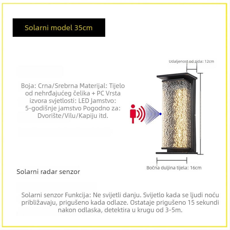 Minimalistična vanjska zidna svjetiljka, vodootporna, za dvorište vile, stubovi vrata, vanjska vrata, balkon i terasa, solarna zidna svjetiljka