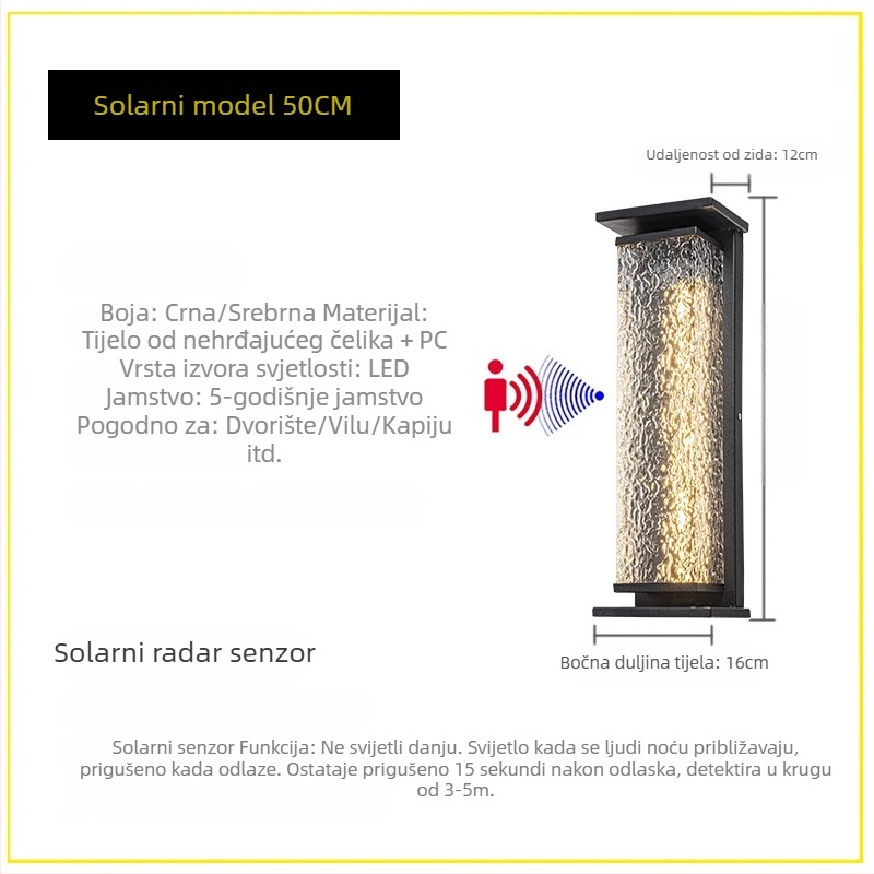 Minimalistična vanjska zidna svjetiljka, vodootporna, za dvorište vile, stubovi vrata, vanjska vrata, balkon i terasa, solarna zidna svjetiljka