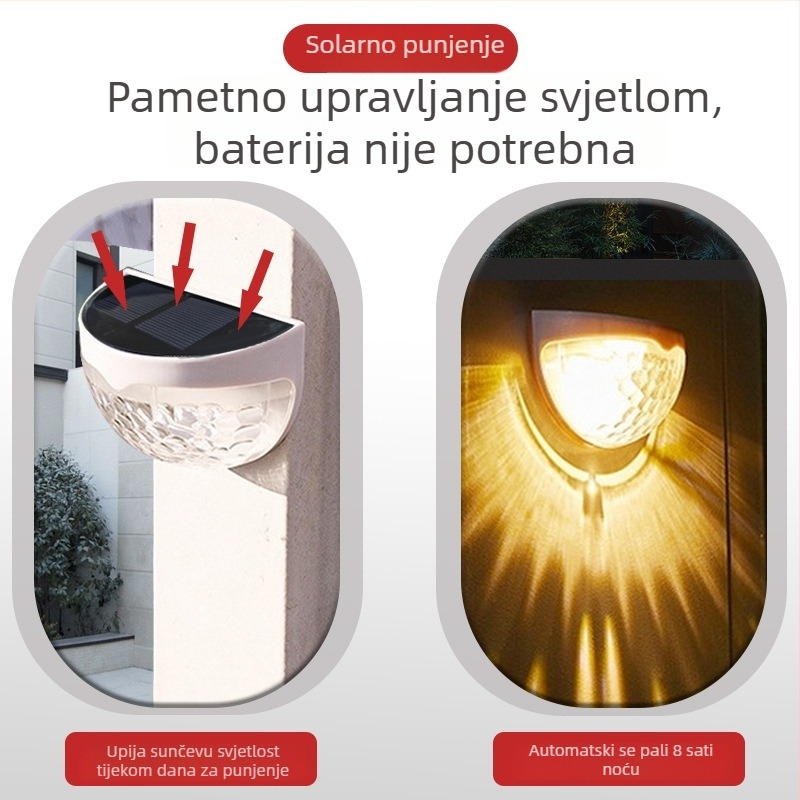 Solarna zidna LED svjetiljka za vanjsku upotrebu, vrt i dvorište, noćno svjetlo za stepenice, IP65 zaštita