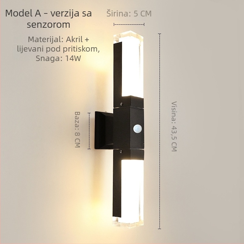 LED dvostruko zidno svjetlo sa senzorom pokreta, vodootporno, akrilno sjenilo, osvjetljenje hodnika