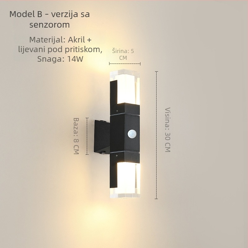 LED dvostruko zidno svjetlo sa senzorom pokreta, vodootporno, akrilno sjenilo, osvjetljenje hodnika
