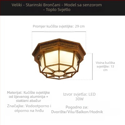Vanjsko zidno svjetlo u američkom industrijskom stilu sa senzoru pokreta za balkon i hodnik, retro dizajn, vodootporno