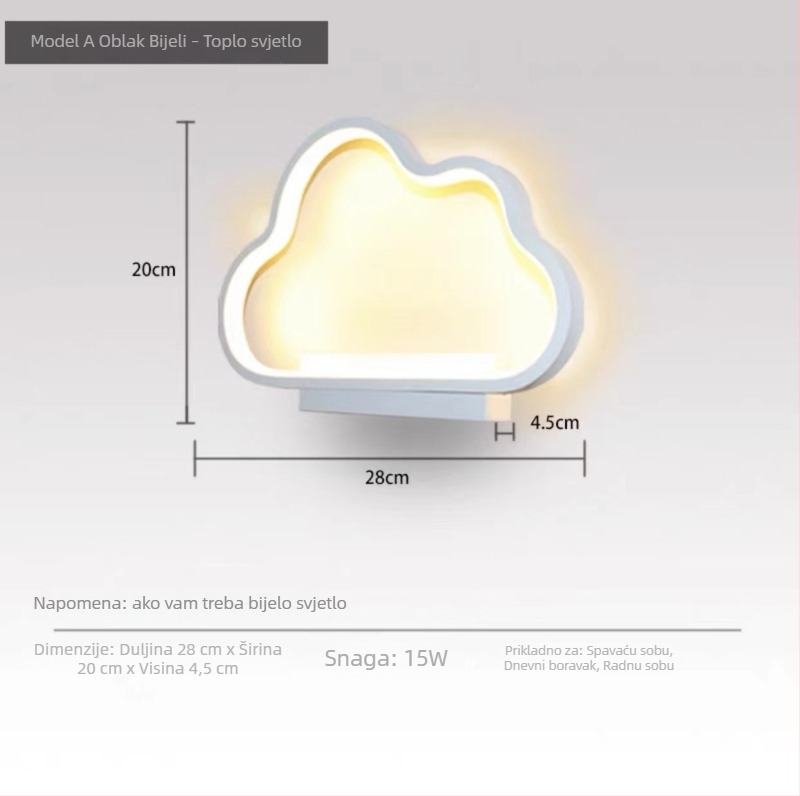 Noćna lampa za dječju sobu, oblaka oblika, nordijski minimalistički zidni dekorativni svjetiljka, s mogućnošću podešavanja jačine, moderan i jednostavan dizajn