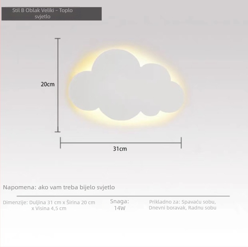 Noćna lampa za dječju sobu, oblaka oblika, nordijski minimalistički zidni dekorativni svjetiljka, s mogućnošću podešavanja jačine, moderan i jednostavan dizajn