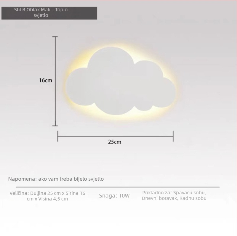 Noćna lampa za dječju sobu, oblaka oblika, nordijski minimalistički zidni dekorativni svjetiljka, s mogućnošću podešavanja jačine, moderan i jednostavan dizajn