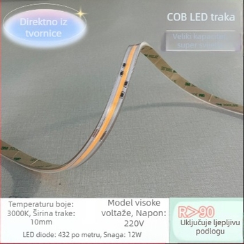 COB LED traka, samoljepljiva, ugrađeni svjetlosni kanal, linearno osvjetljenje, izuzetno tanka, za kućne ormariće i vitrine, kućna uporaba, dodatno osvjetljenje