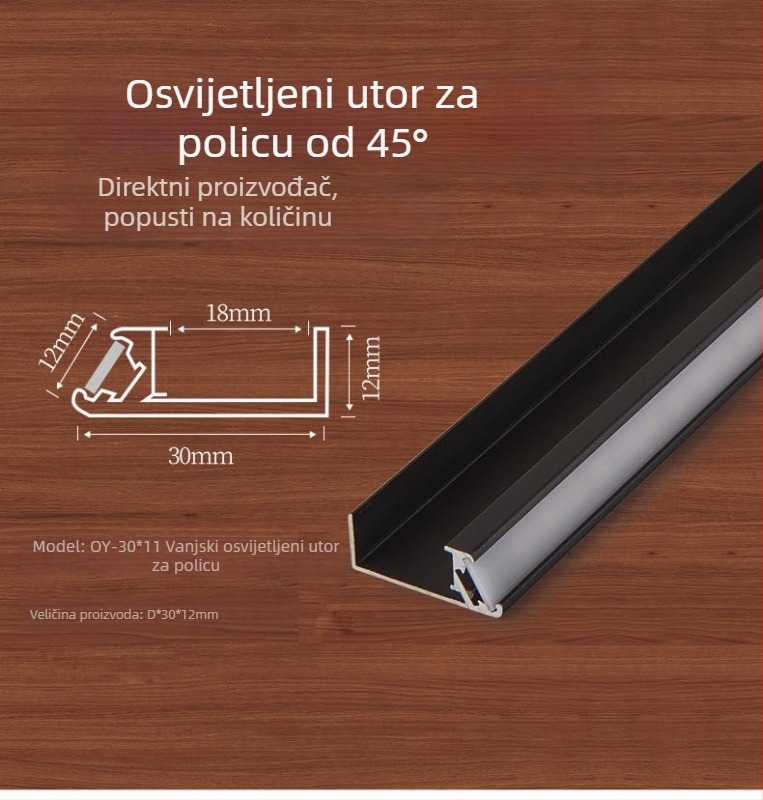 LED aluminijski kanal s difuzorom za osvjetljenje ormara, utor 18 mm, duljina 1000 mm