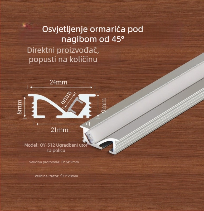 LED aluminijski kanal s difuzorom za osvjetljenje ormara, utor 18 mm, duljina 1000 mm