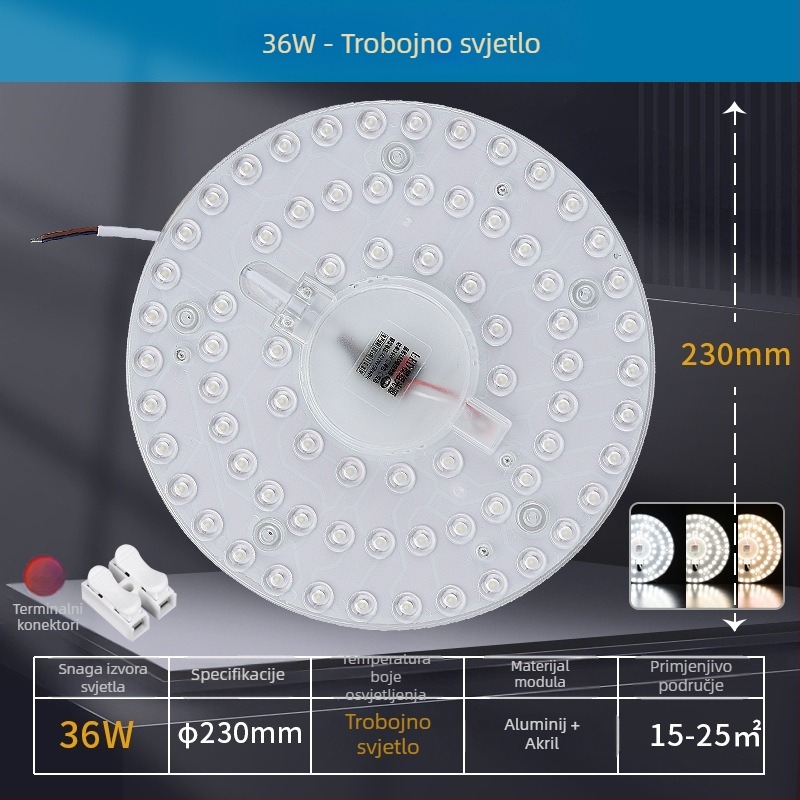 LED stropni modul za dnevni boravak, kružni oblik, zamjenski modul s magnetskim svjetlosnim trakama i disk lampom, energijski štedljiva žarulja