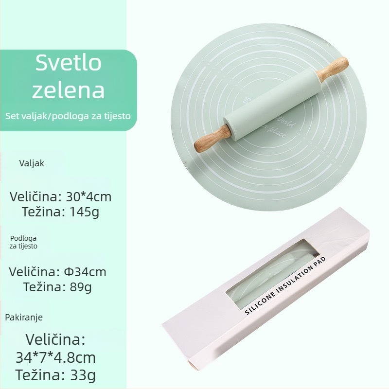 Silikonski valjak za tijesto za pečenje, srednje veličine, set s podlogom za mijesanje