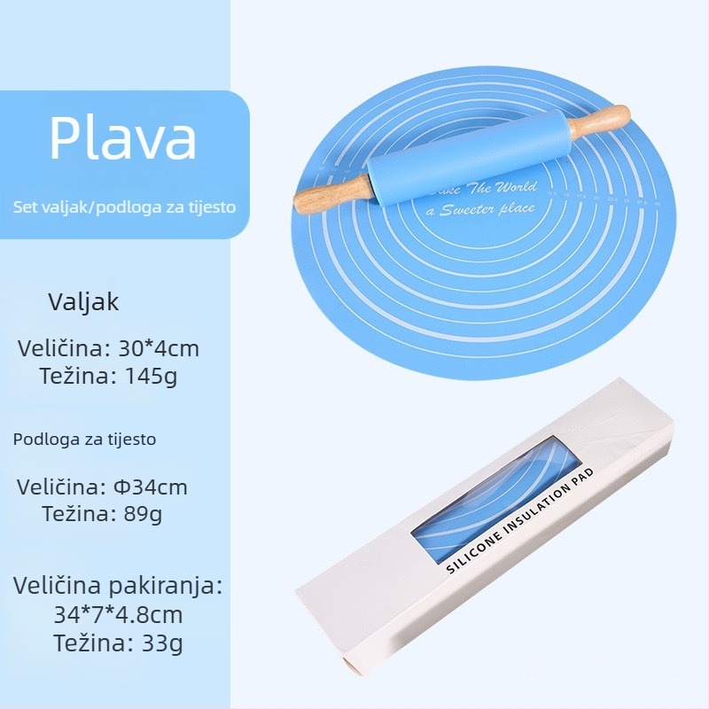Silikonski valjak za tijesto za pečenje, srednje veličine, set s podlogom za mijesanje