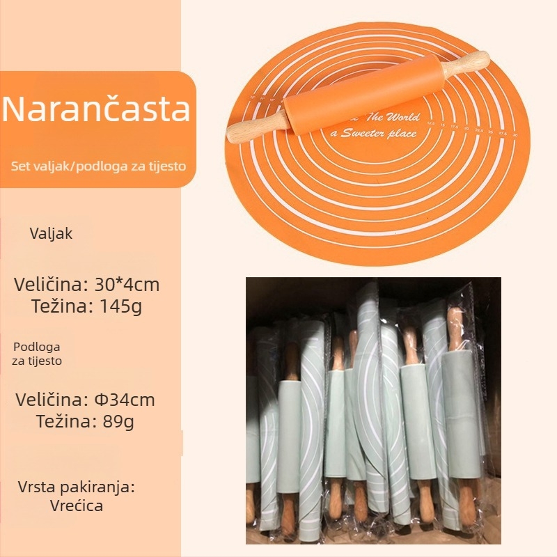 Silikonski valjak za tijesto za pečenje, srednje veličine, set s podlogom za mijesanje