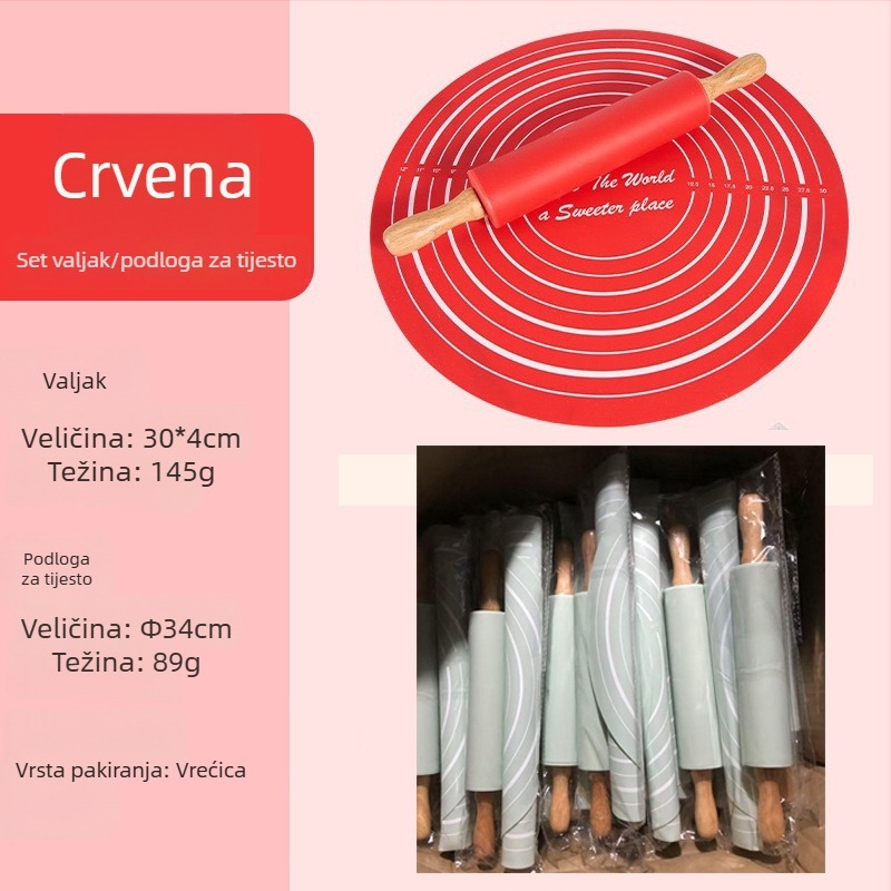 Silikonski valjak za tijesto za pečenje, srednje veličine, set s podlogom za mijesanje